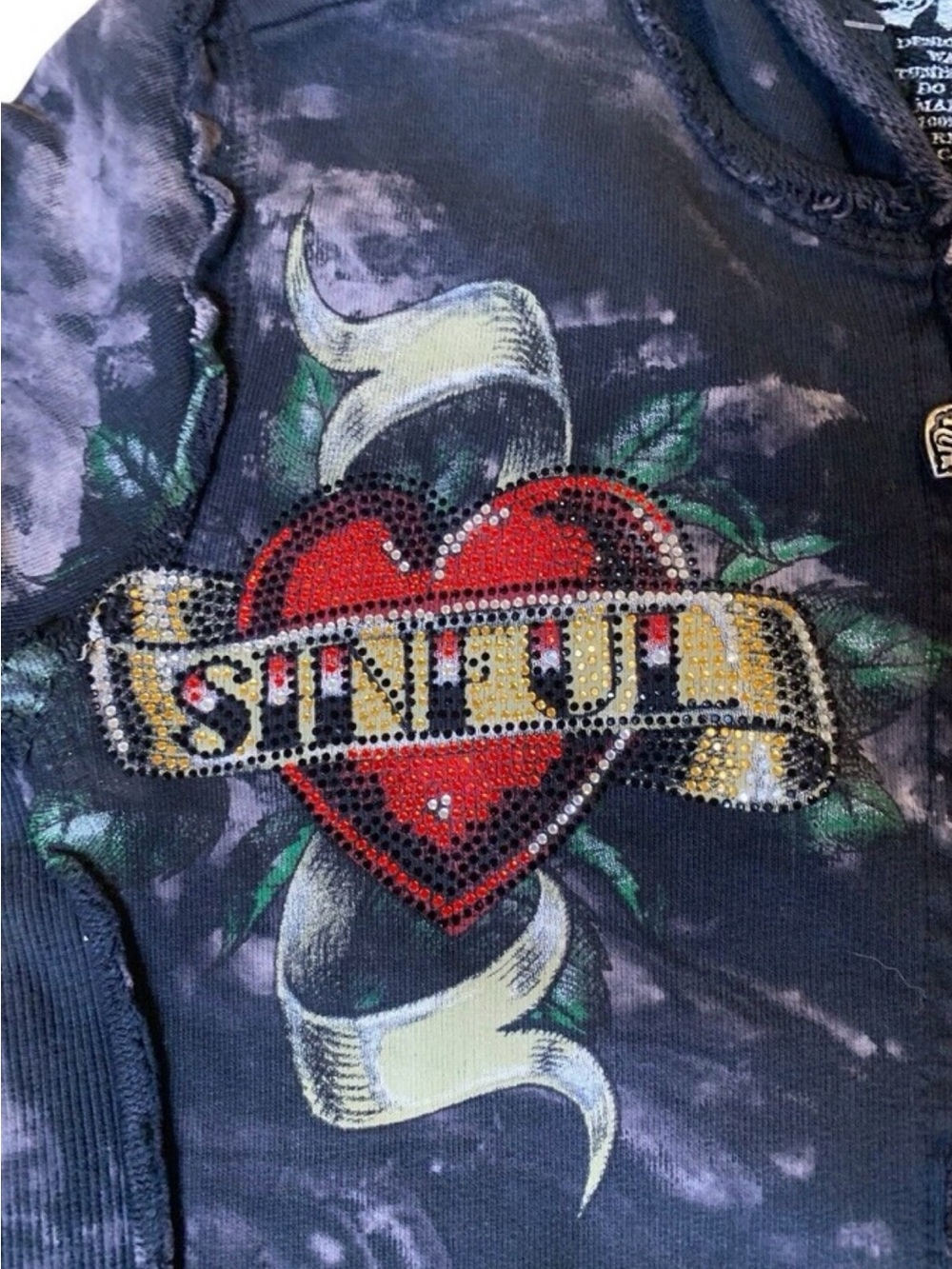 Sinful Black Graphic Zip Up Hoodie with Red Hearts, Roses, & Rhinestones